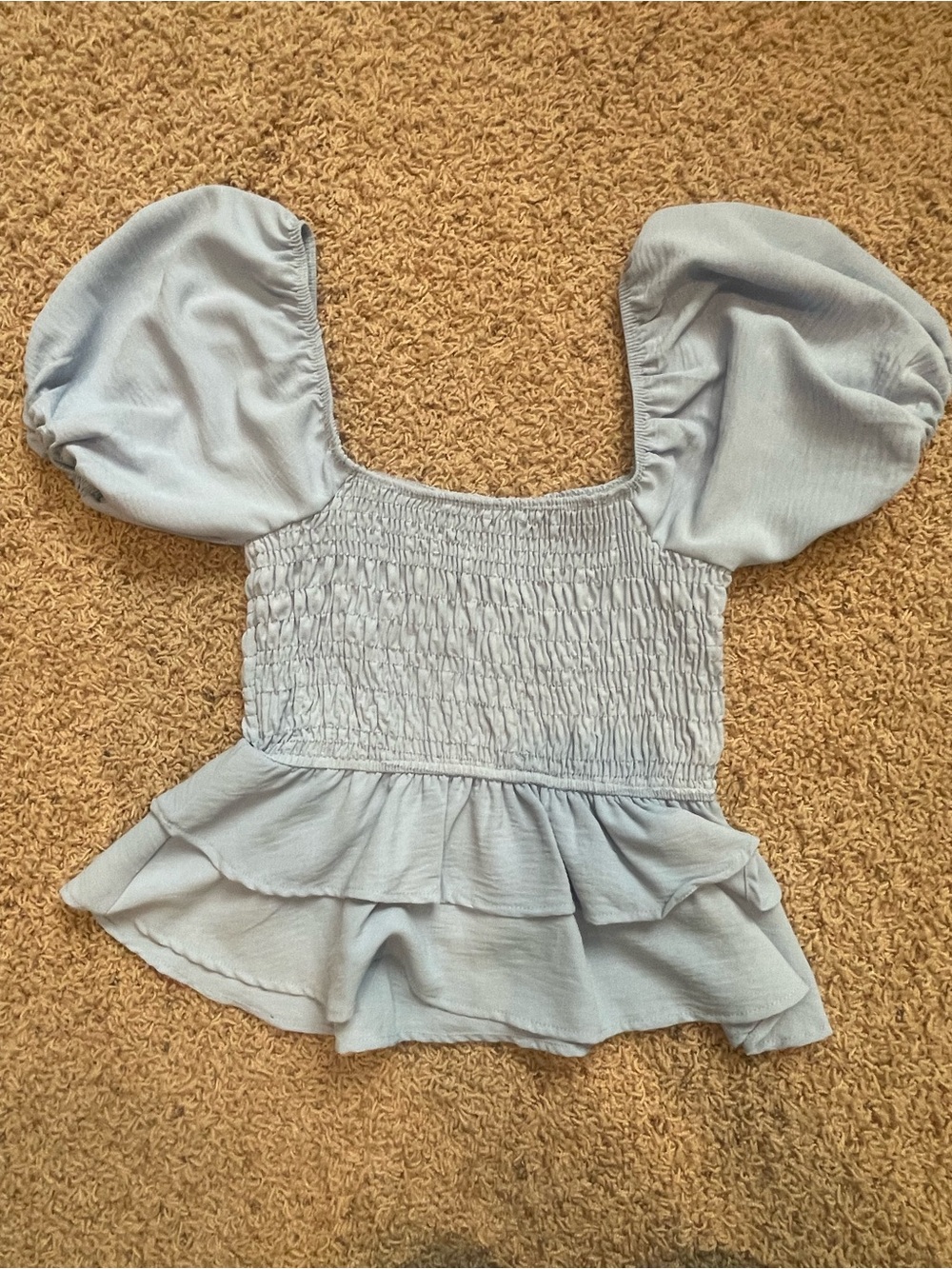 Altar'd State Light Blue Puff Sleeve Smocked Peplum Top - Picture 2 of 3
